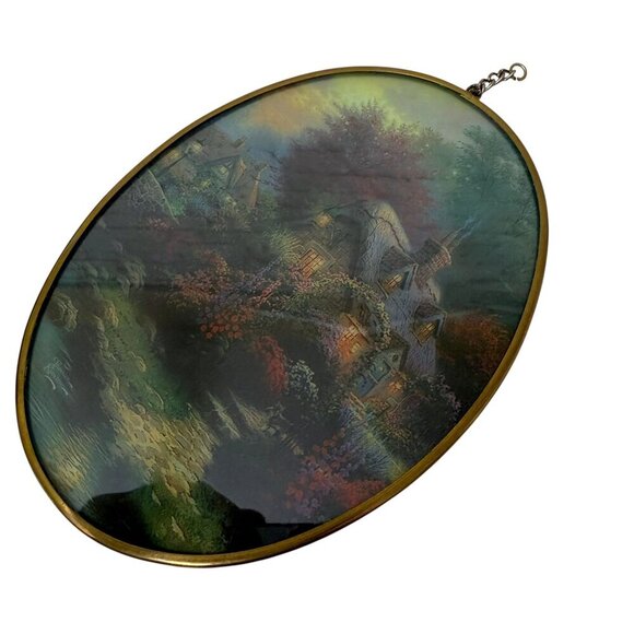 Thomas Kinkade Stained Glass Country Cottage Scene Oval 6.5" Long Suncatcher - Picture 6 of 8